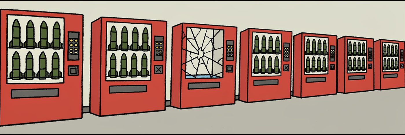A hallway lined with identical red vending machines stocked with olive green missile tubes. The middle machine has cracked glass.