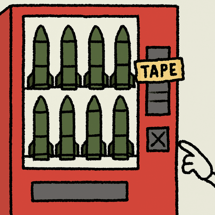 A red vending machine stocked with eight olive green missile tubes. A strip of tape runs across the keypad, the coin slot is crossed out, and a hand points at it.